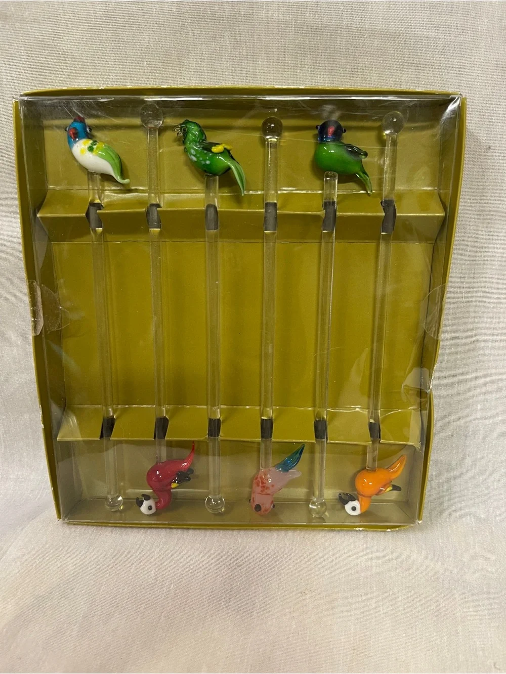 Vintage Pier 1 Hand Blown Glass Parrots Cocktail Swizzle Sticks - Multicolored